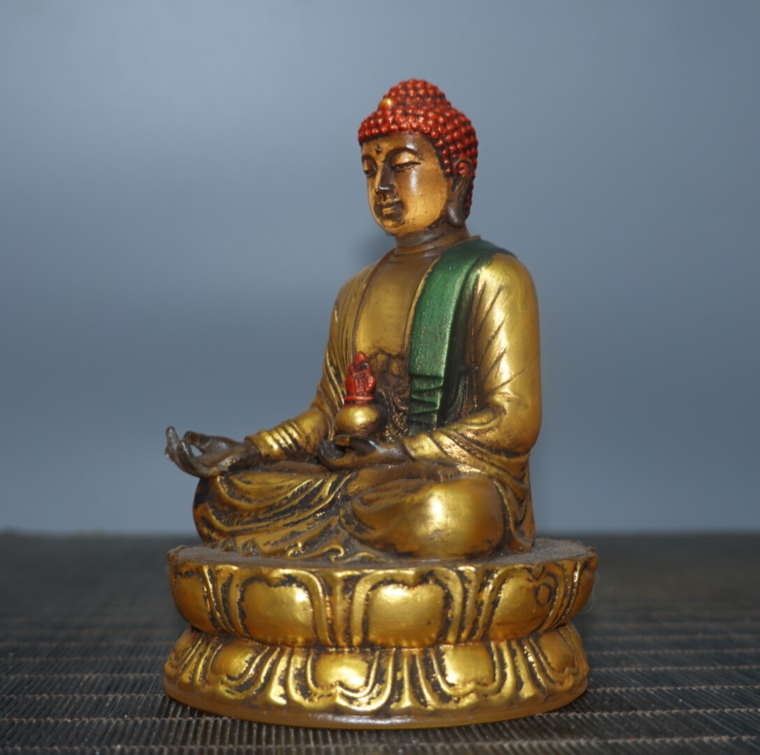 4.7″ China Coloured Glaze Paintings Gild Buddhism Medicine Buddha Sit Statue