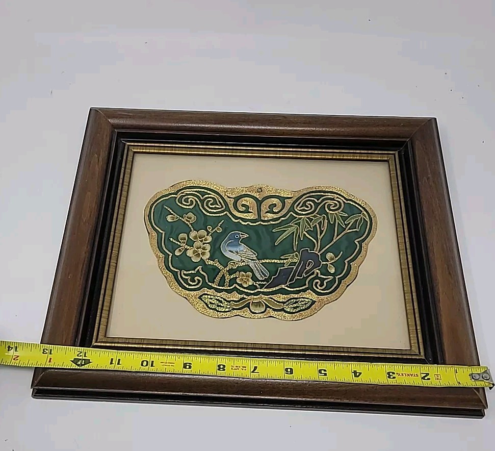 Two Framed Vintage Golden Cloud Green Chinese Hand Embroidered Panel