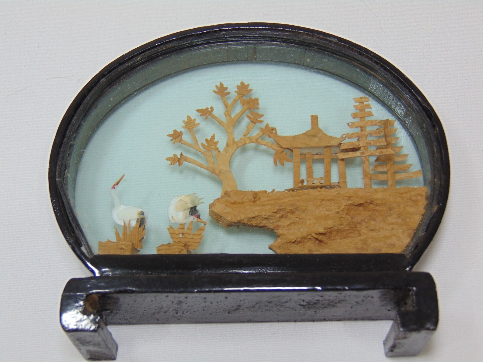 Hand Carved Vintage Cork Diorama Asian Crane Pagoda Trees Art Glass Chinese