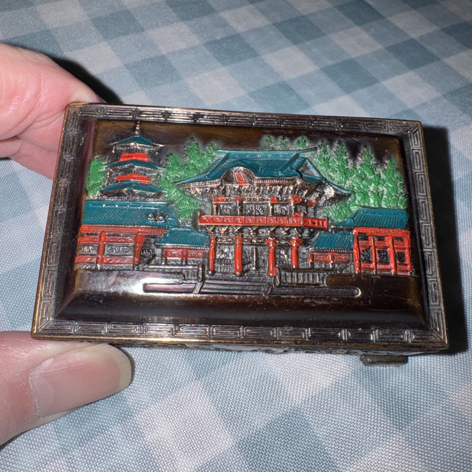 Vintage -Asian Metal Trinket Box With Pagoda, Colorful Made In Japan-Original ￼
