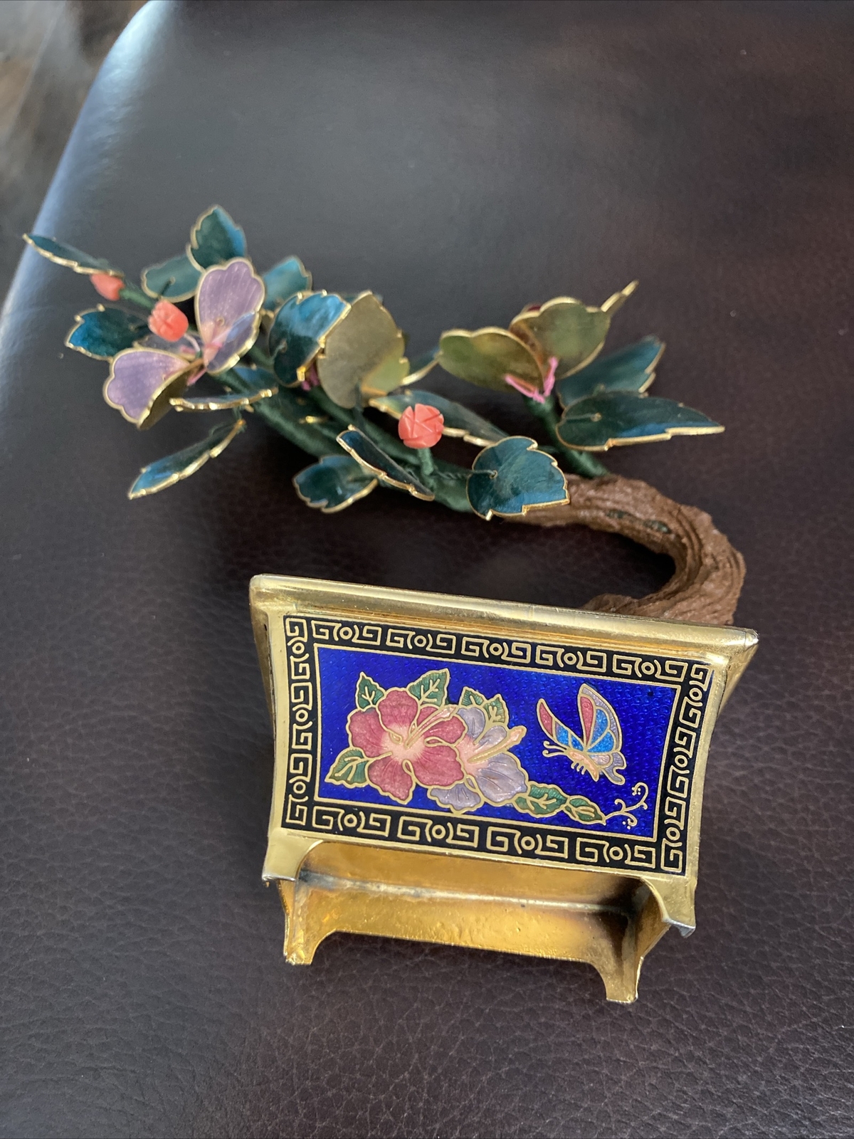 VINTAGE CHINESE GUILLOCHE ENAMEL BONSAI TREE & FLOWERS w/ CORAL CLOISONNE POT