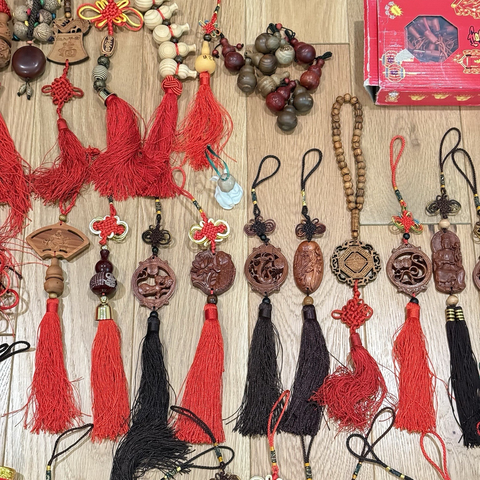 LOT OF Chinese Asian Good Luck Wall Hanging Wood Carve Porcelain Ornament Tassel