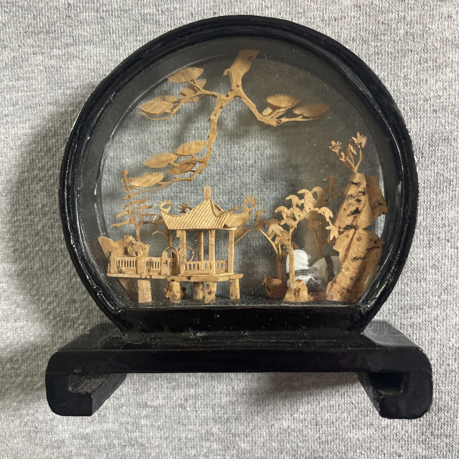 Vtg. Carved Cork Chinese Art Diorama with Pandas Pagoda and Trees Black Lacquer