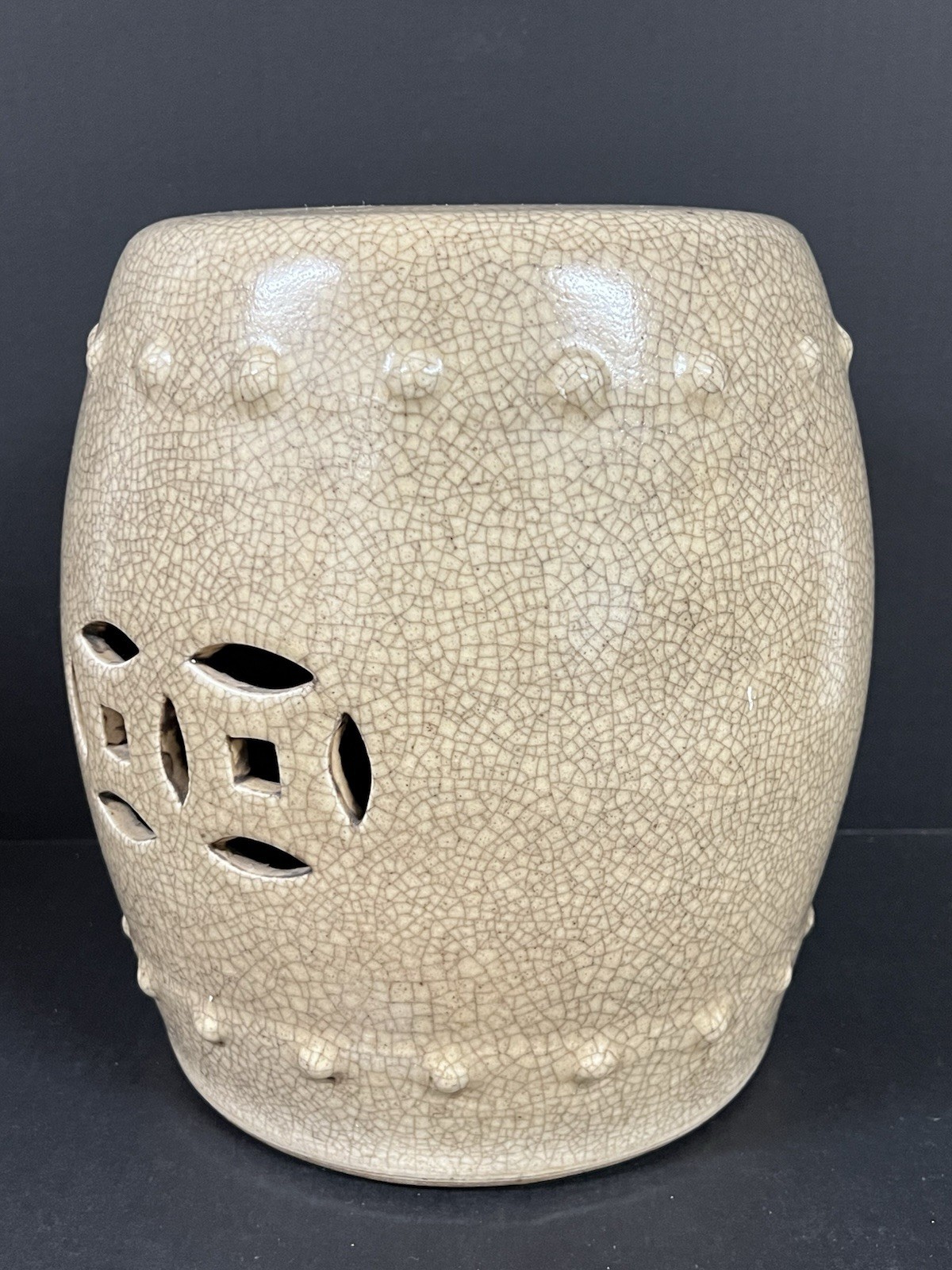 Vintage Chinese Porcelain Round Garden Stool Darker Beige Crackled Double Coin