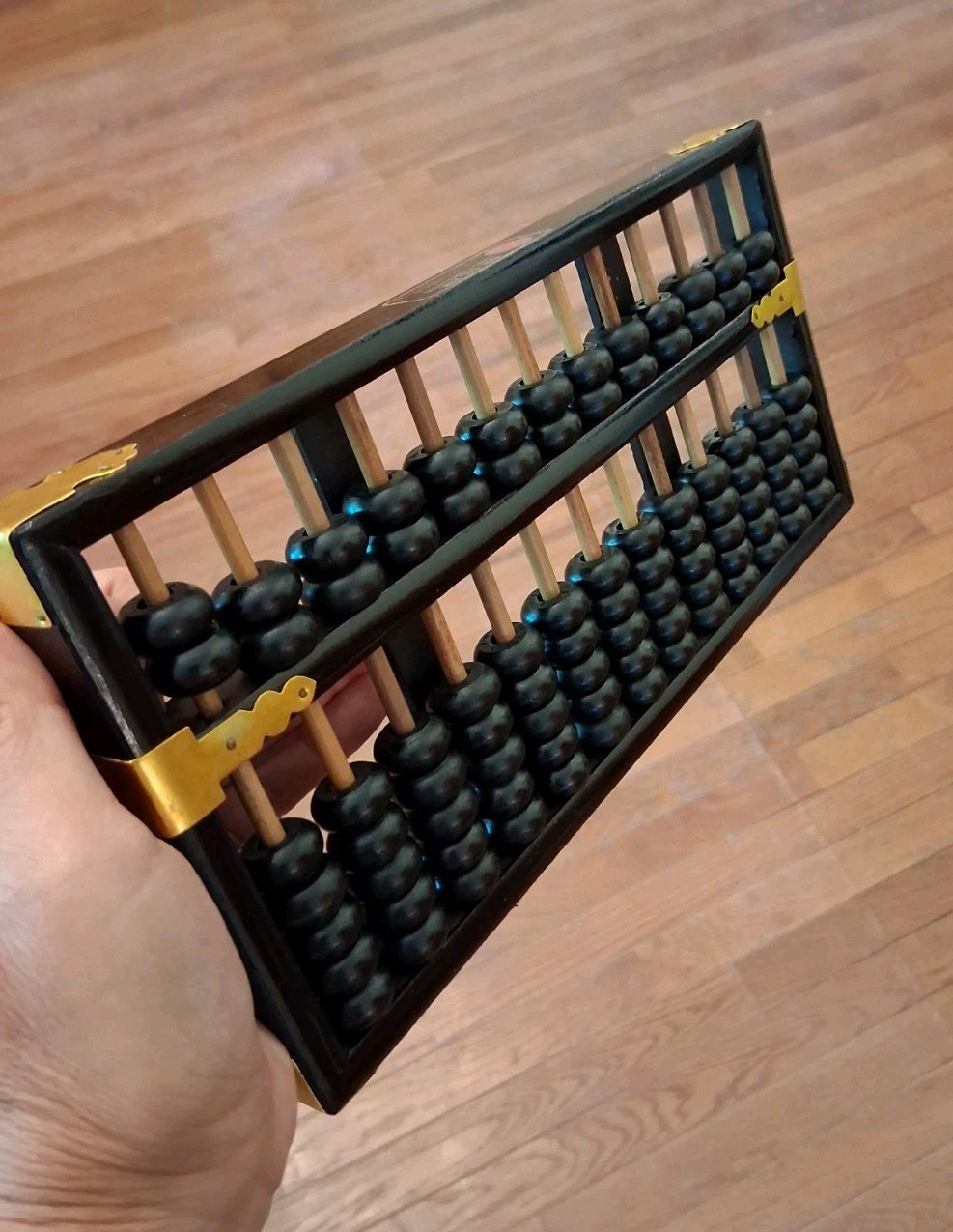 Vintage Chinese Abacus Wood & Brass Lotus Flower Brand Calculator 13 Row 91 Bead