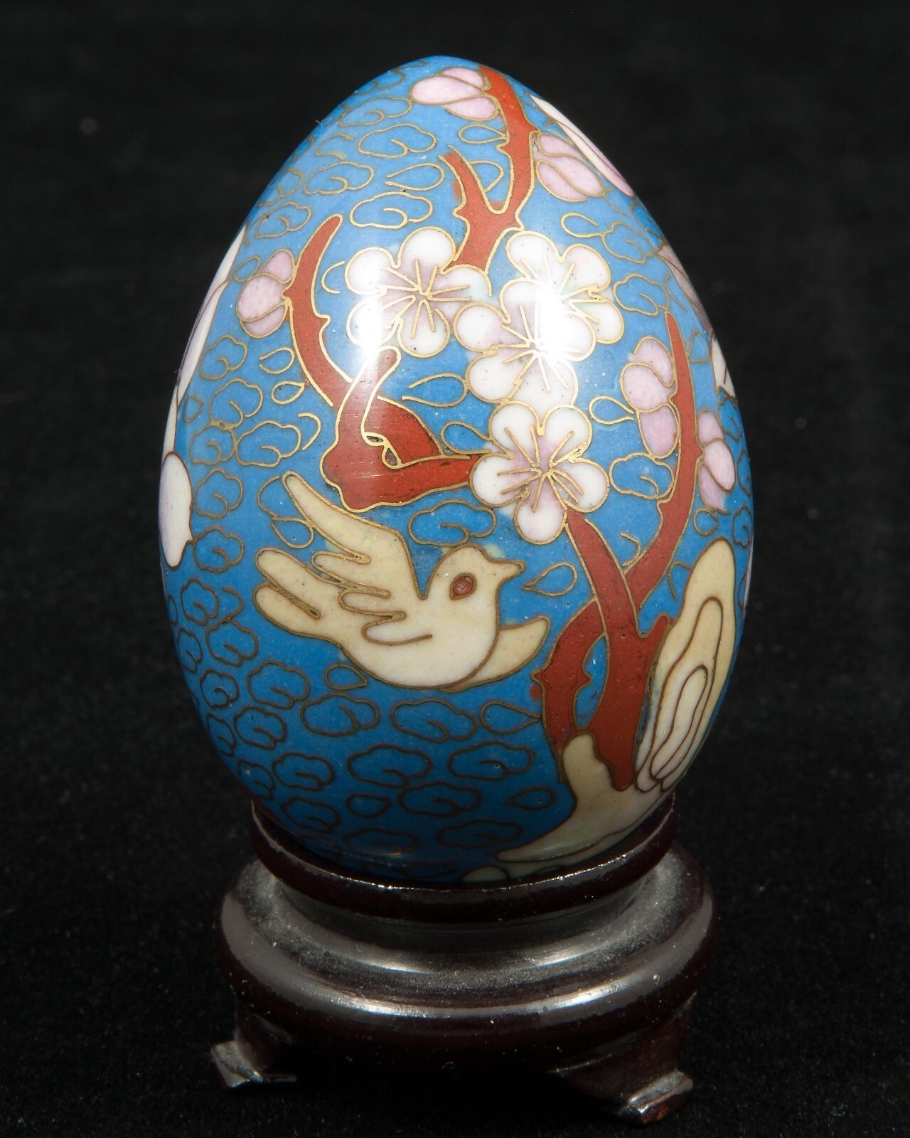 VTG Chinese Floral on Blue Cloisonne Enamel Metal Egg 2-1/2″ Tall w/Stand