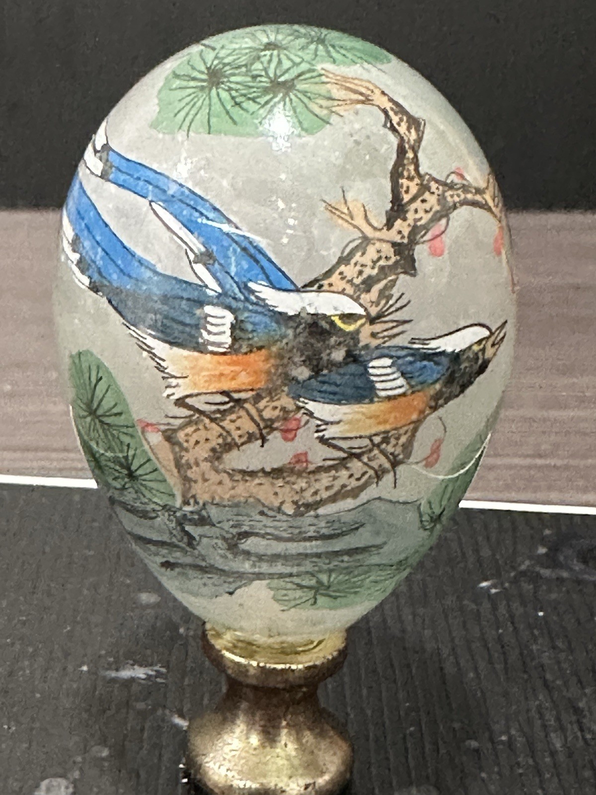 Vintage Chinese Hand Painted inside Out Bird & Flowers Blown Glass Lamp Finial