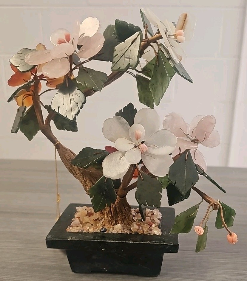 Mutli Color Jade & Gemstone Flowers In Pot Green Pink White Rust Brown 9.5″