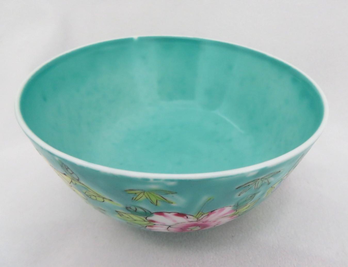 Vintage Chinese Fine Porcelain Turquoise Blue Famille Rose Rice Soup Bowl #2