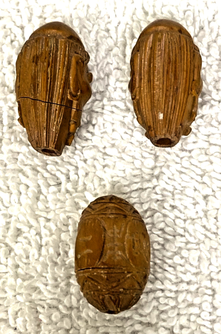 3 Chinese Hediao Deity Faces Symbols Hand Carved Nut Wood Beads 15/16″ – 1 1/8″