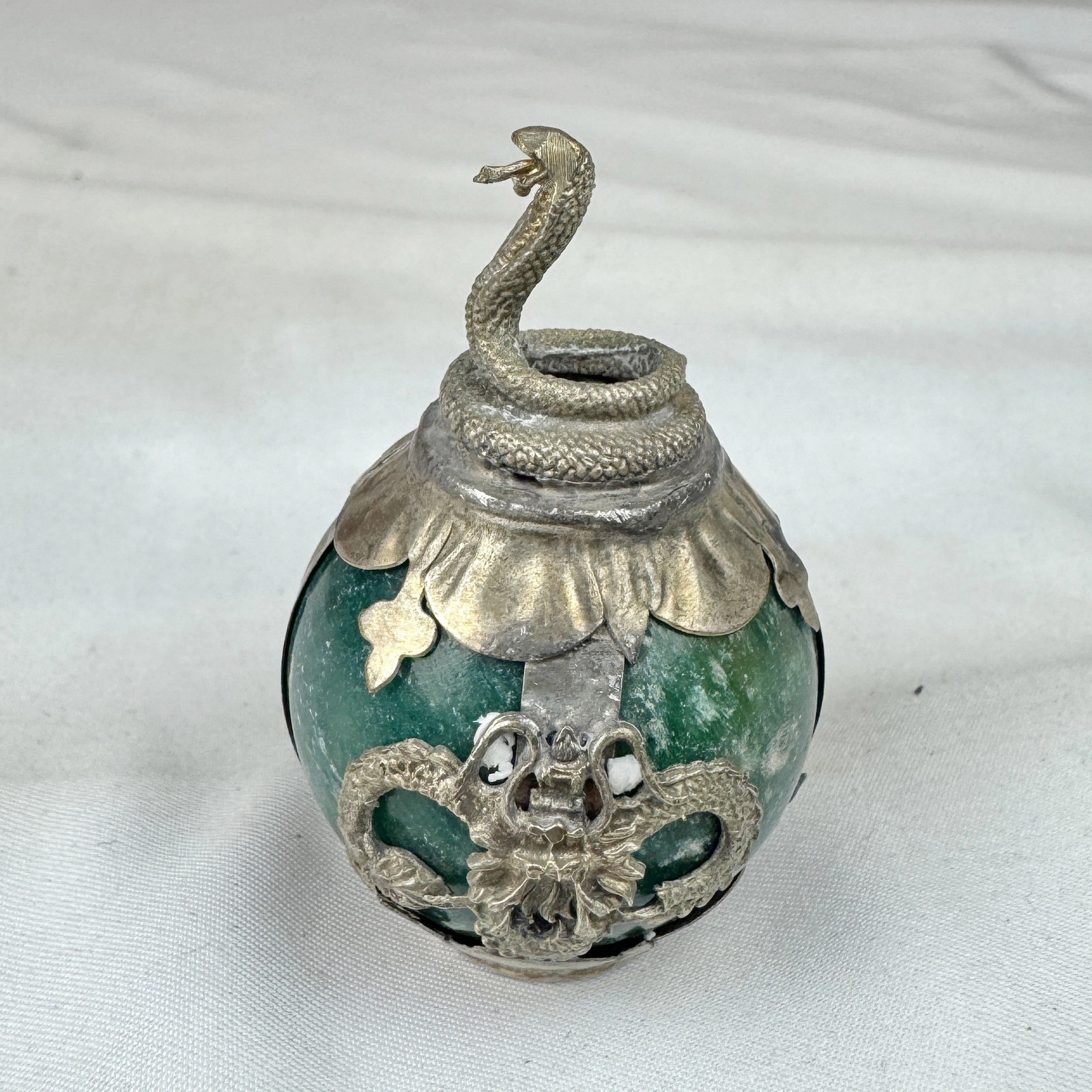 Vintage Chinese Zodiac SNAKE Green Marble Orb, Pewter/Tin Finial, Dragon Motif