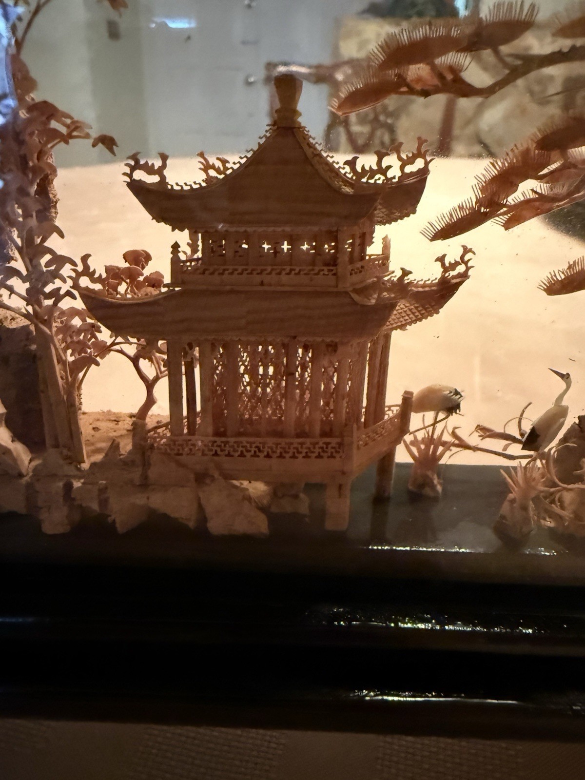 Vintage Chinese San You Cork Art Hand Carved Diorama Pagoda Cranes Trees