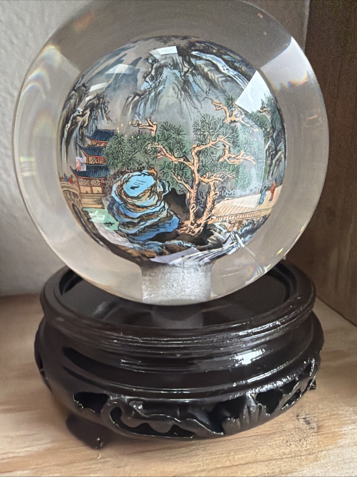 Vintage Chinese Hand Painted Reverse Art 4.5″ Glass Globe On Wooden Stand