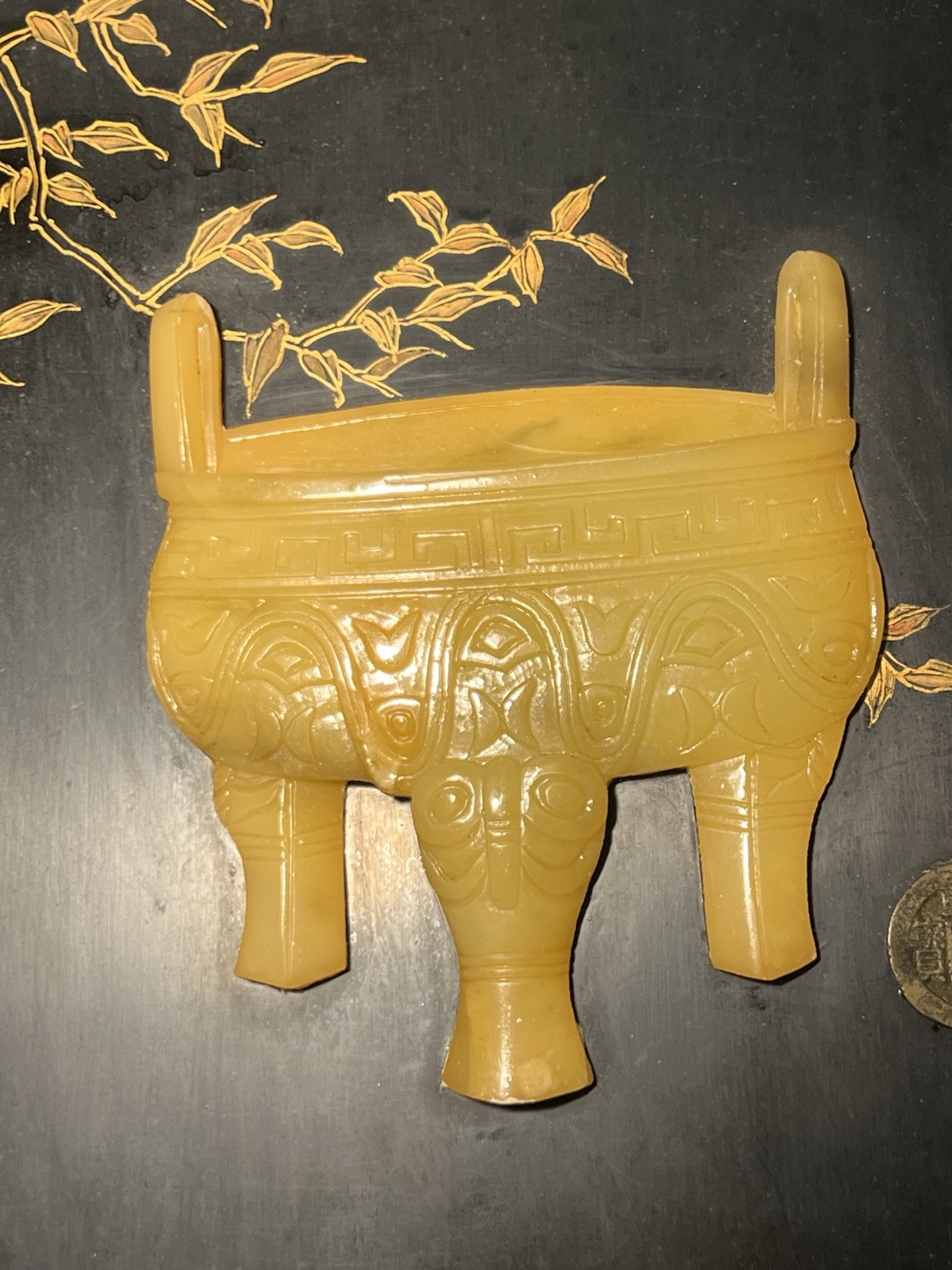 Chinese 1960s Black Lacquer Wall Panel Carved Shoushan Stone Ding Qianlong Coin