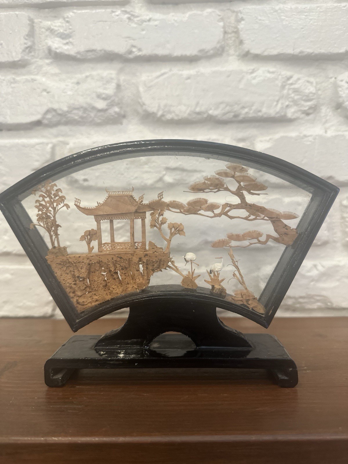 VINTAGE CHINESE SAN YOU DIORAMA CORK CARVING GLASS CASE PAGODA TREES & CRANES.