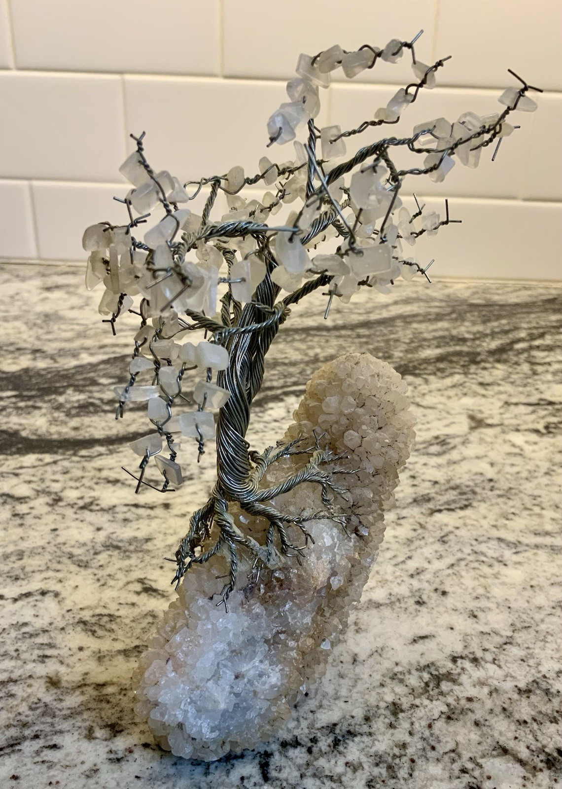 7″ WHITE QUARTZ BONSAI TREE VINTAGE WIRE WRAP ARTWORK PROSPERITY ASIAN FOLKLORE