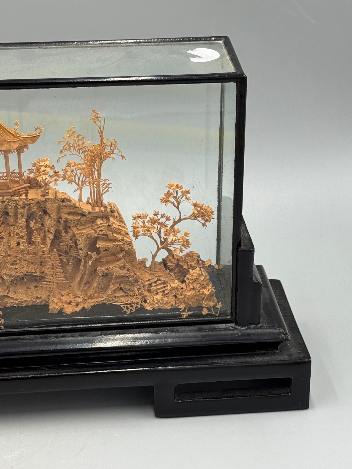 Mid 20th c. Chinese Fujian Cork Carving Landscape Diorama, Glass Display Case