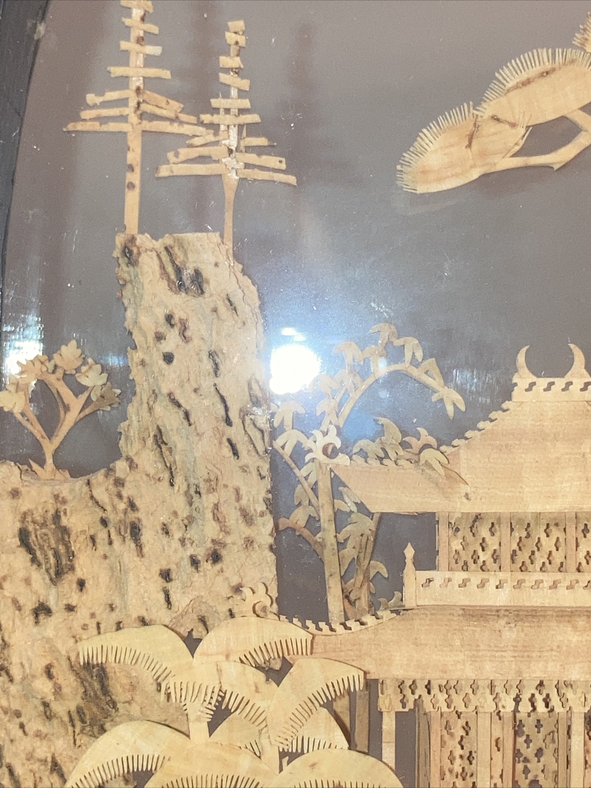 VINTAGE CHINESE SAN YOU DIORAMA CORK CARVING GLASS CASE PAGODA TREES & CRANES