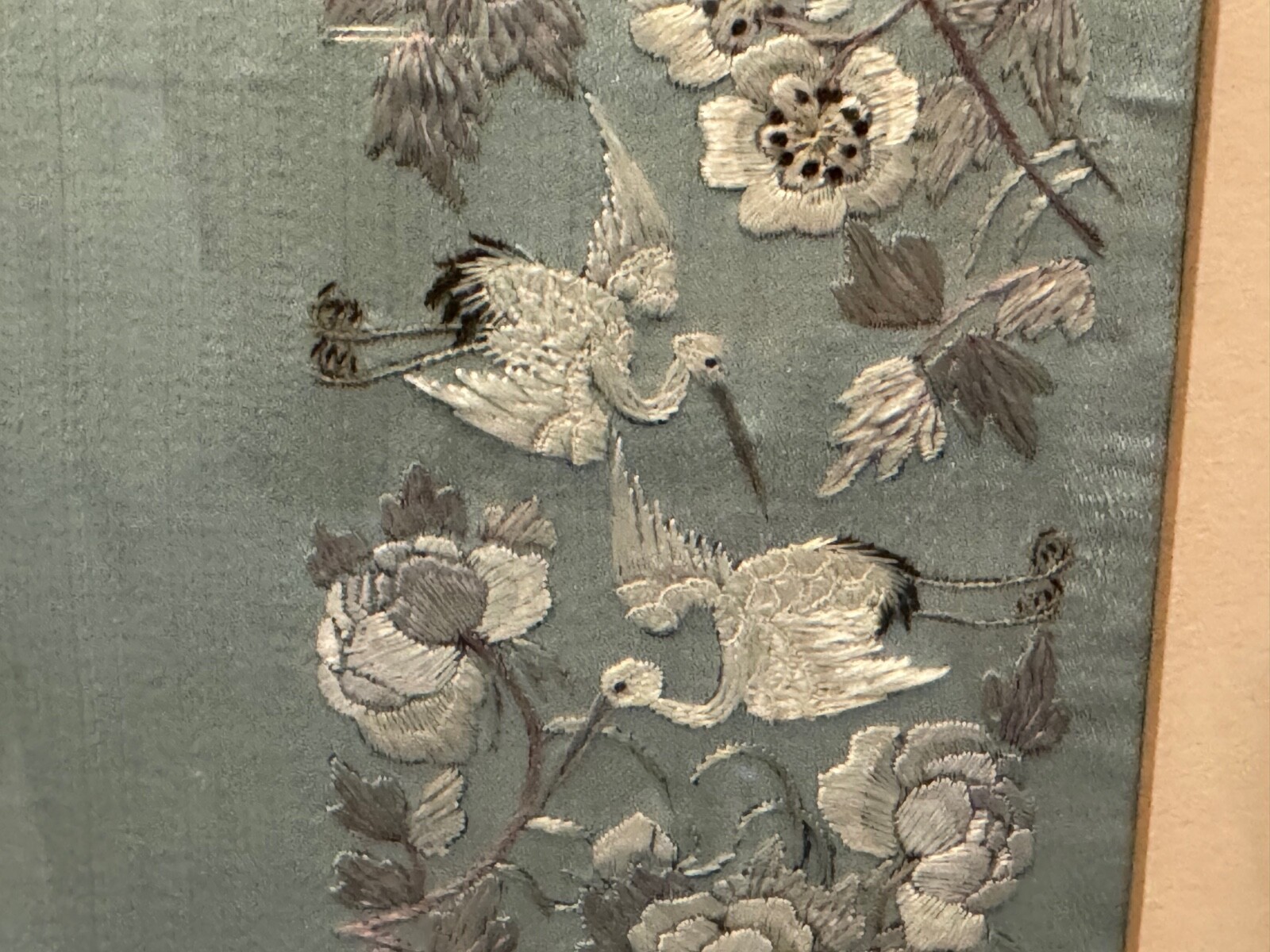 Vtg Antique Chinese Framed Silk Embroidered Textile Birds & Flowers Decoration