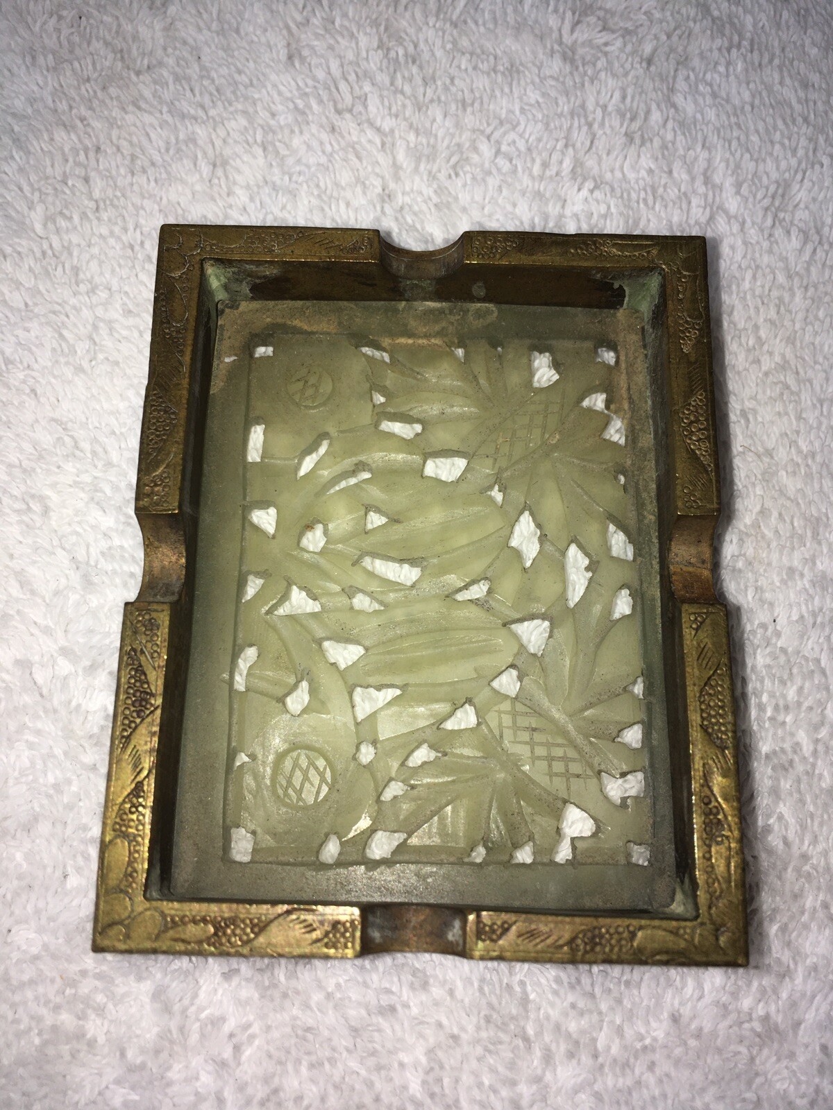 Vintage Chinese Carved Stone & Brass Ash Tray, 3” x 2-3/8” x 3/4” H