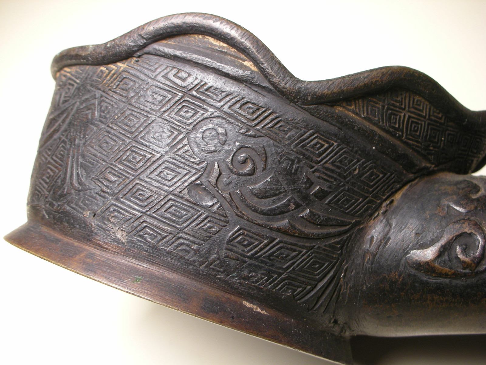 Vintage Chinese Brass Metal Pan Silk Iron with Long Wood Handle (L: 14.5″)