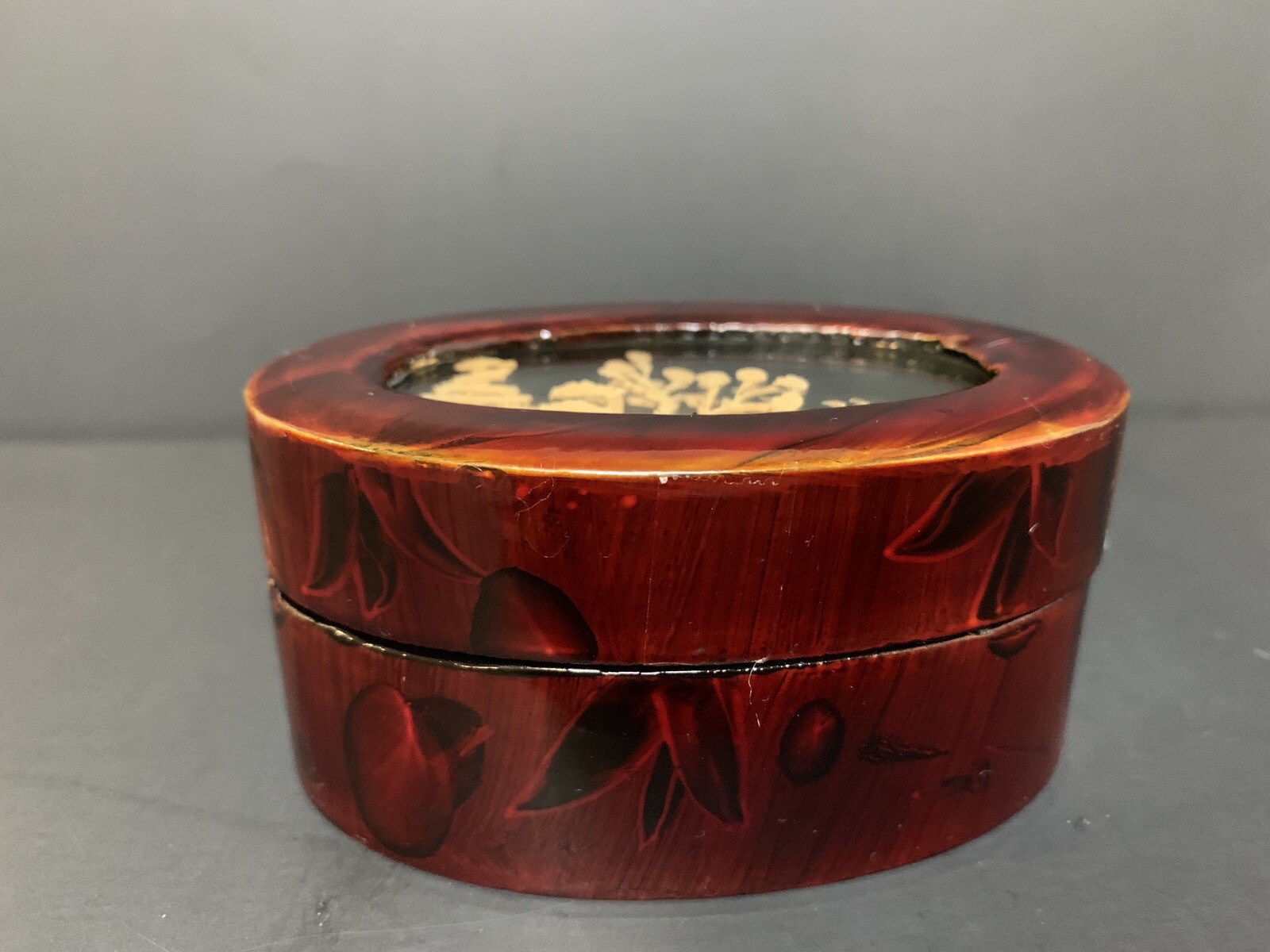 Vintage 1970’s Chinese Glass Covered Cork Carving Jewelry Trinket Box