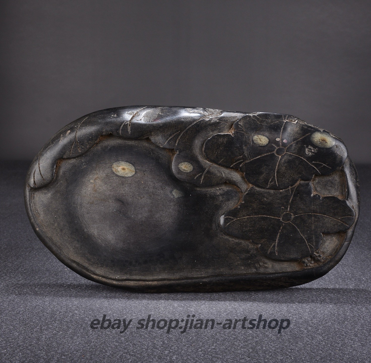 9.5″ Old Chinese Plum Blossom Pit Stone Natural Stone Eyes “Lotus Pond” Inkstone