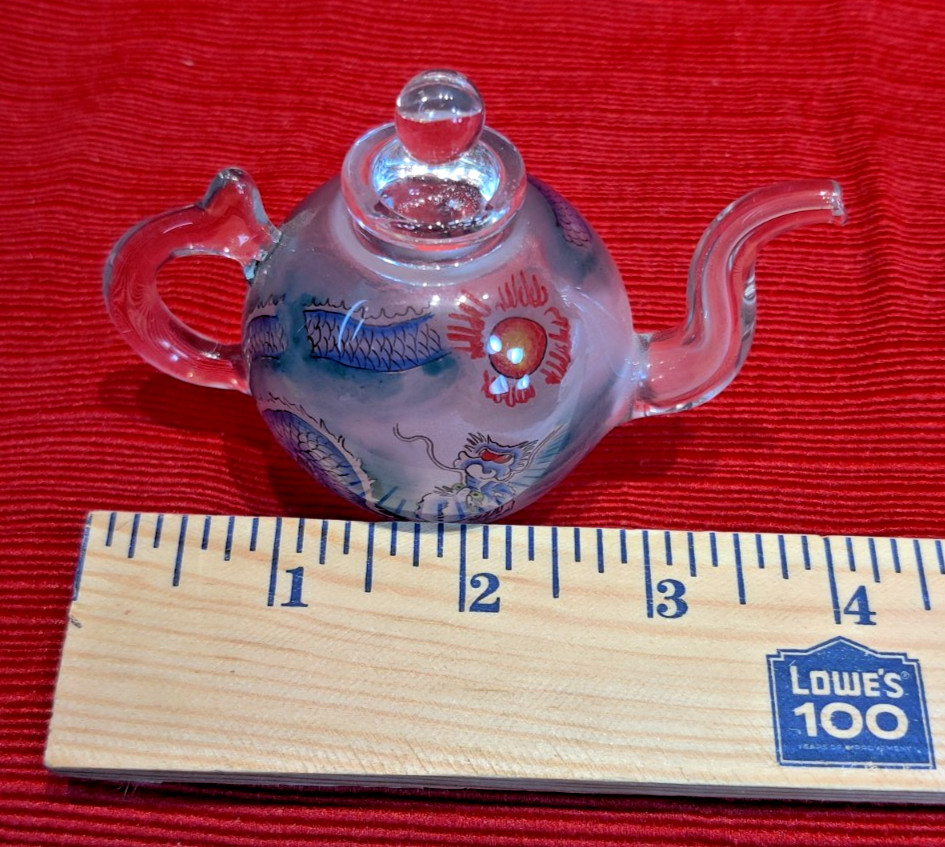 VTG Asian Glass Teapot Mini Reverse Painted Dragons Tea Pot Gift Box Small