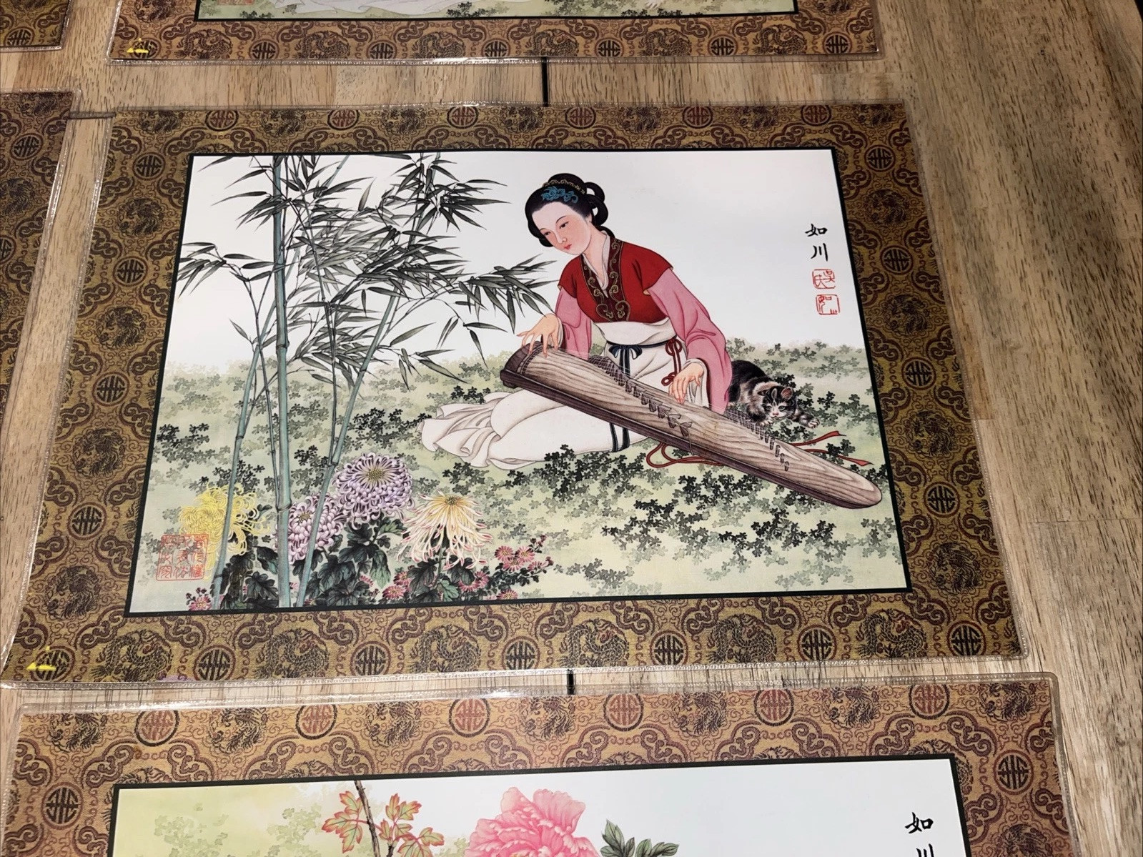 H136~ Chinese Silk Placemats Hand Painted Watercolors Double Sided Laminate