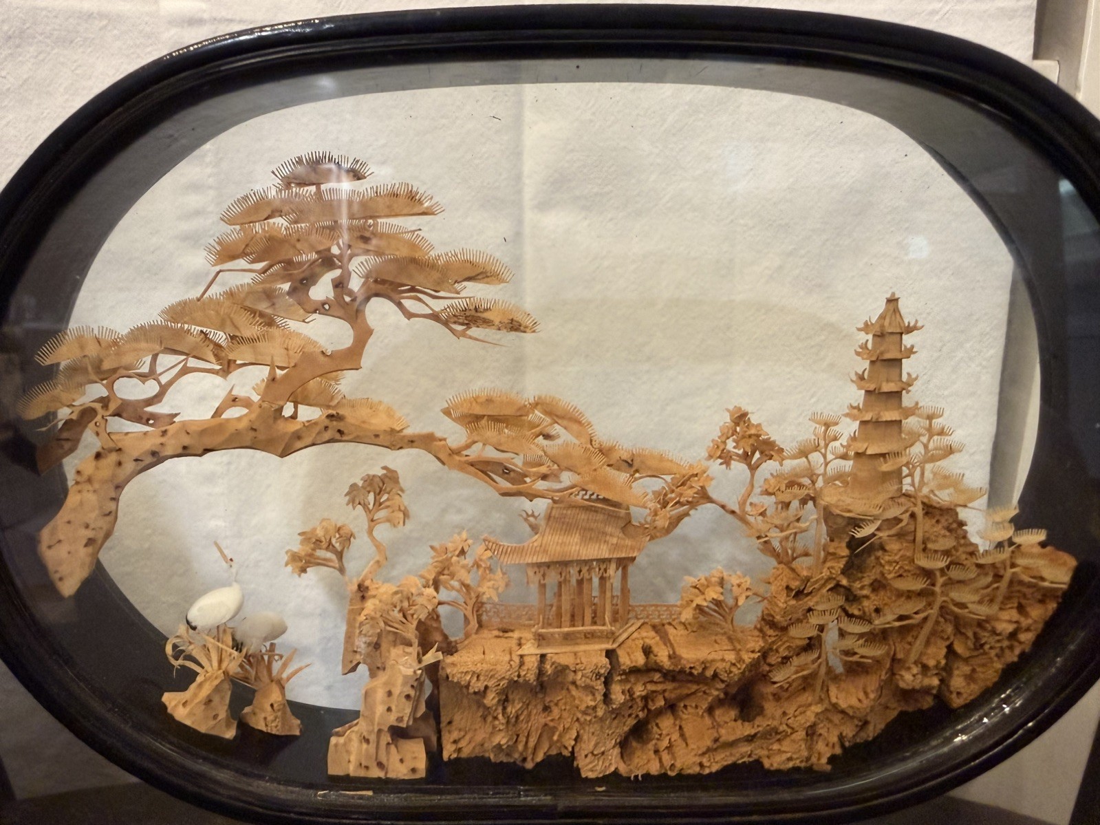 MCM Vtg. Carved Cork Chinese Art Diorama w/Cranes Pagoda and Trees Black Lacquer