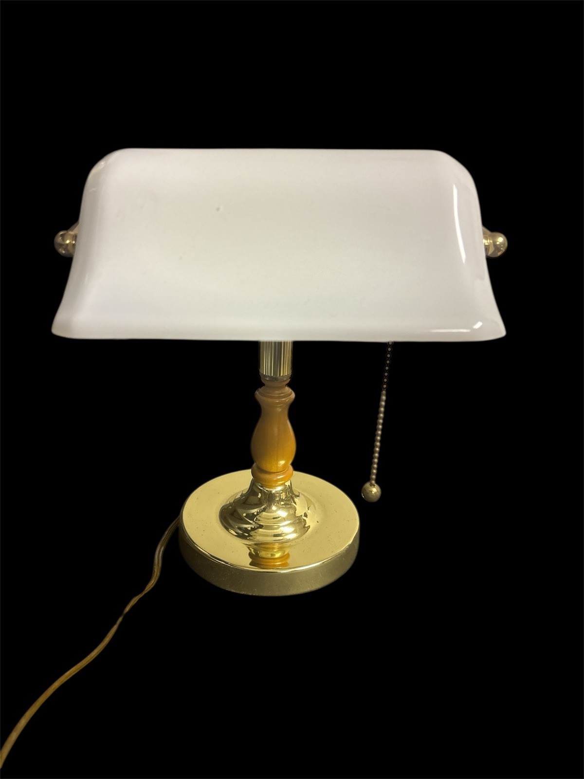 Bankers Lamp White Shade , Shiny brass With Wood Look Model 9406 Made In China