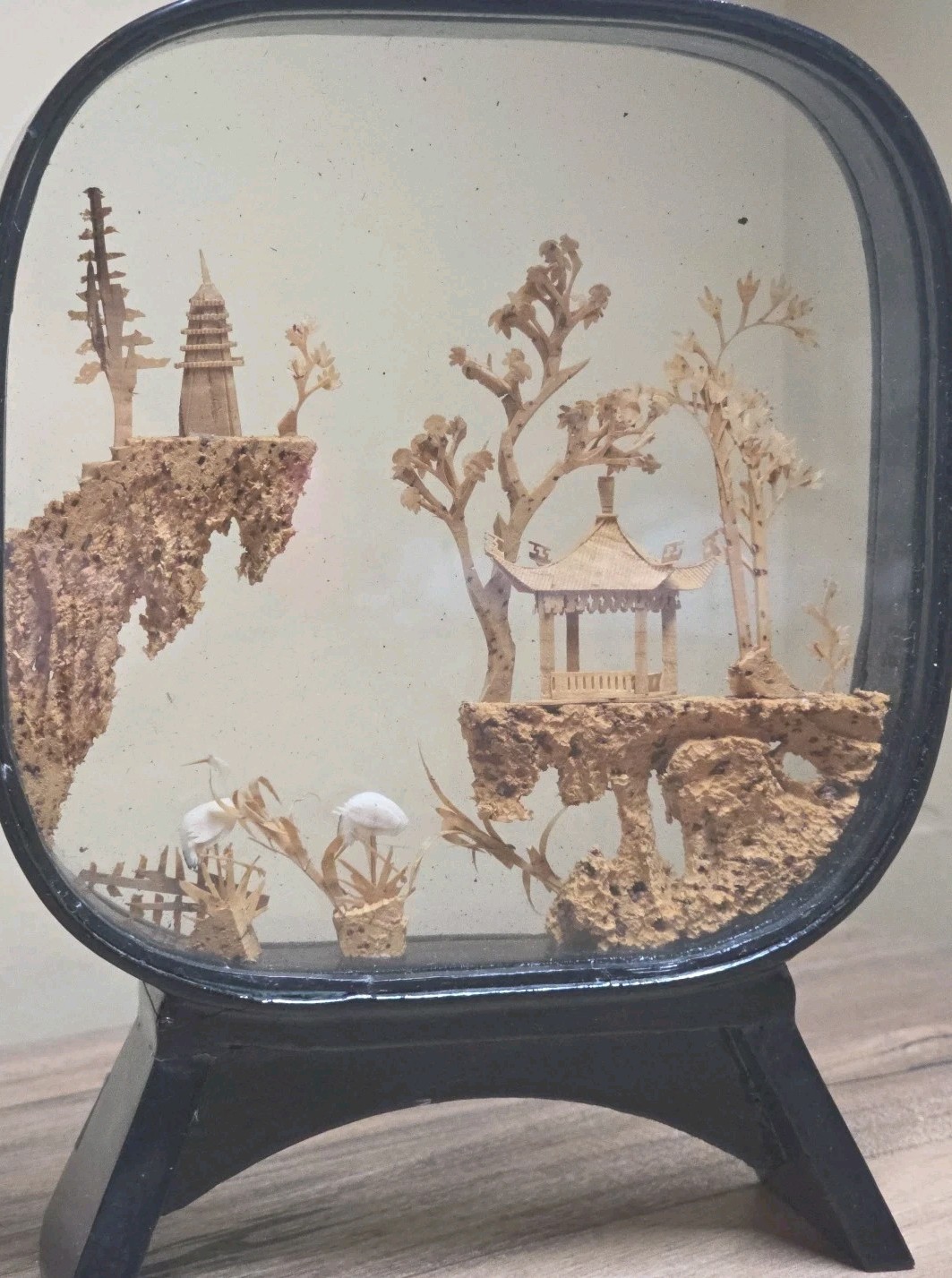 Vintage Chinese Cork Hand Carved Diorama In Glass & Black Laquered Wood Case