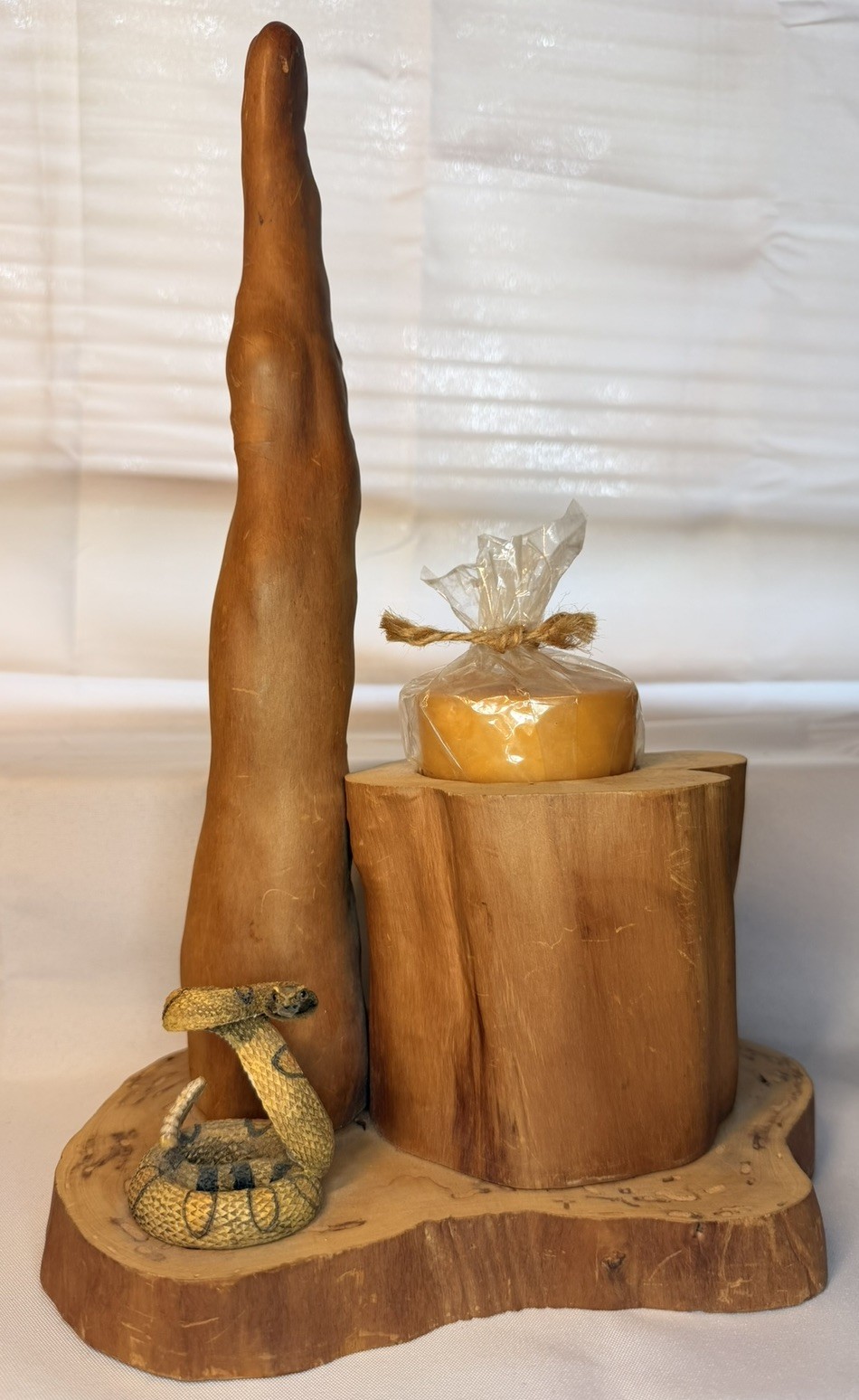 Vintage MCM Folk Art Cypress Knee Wood Candle Holder with Snake & Candle
