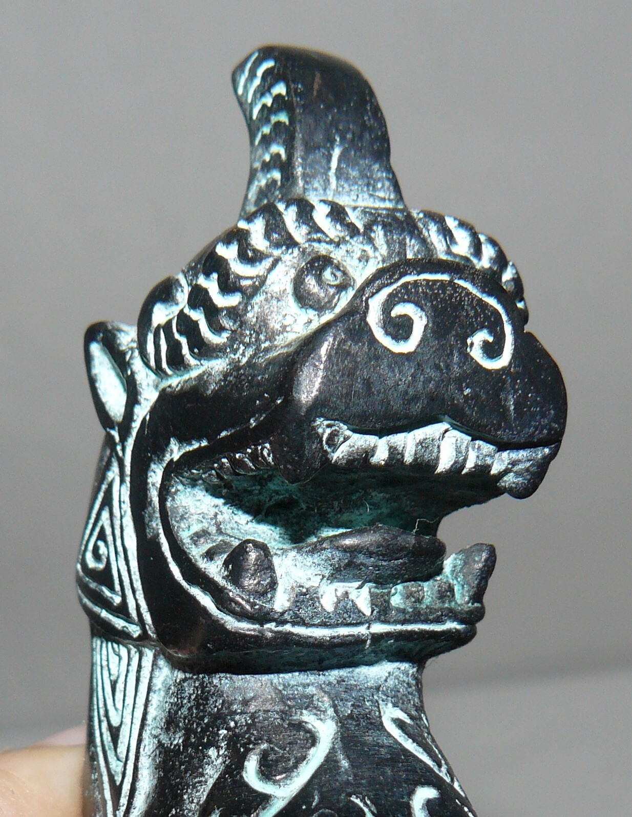 Chinese Bronze Griffin On Wood Stand 5×5″ Hollow
