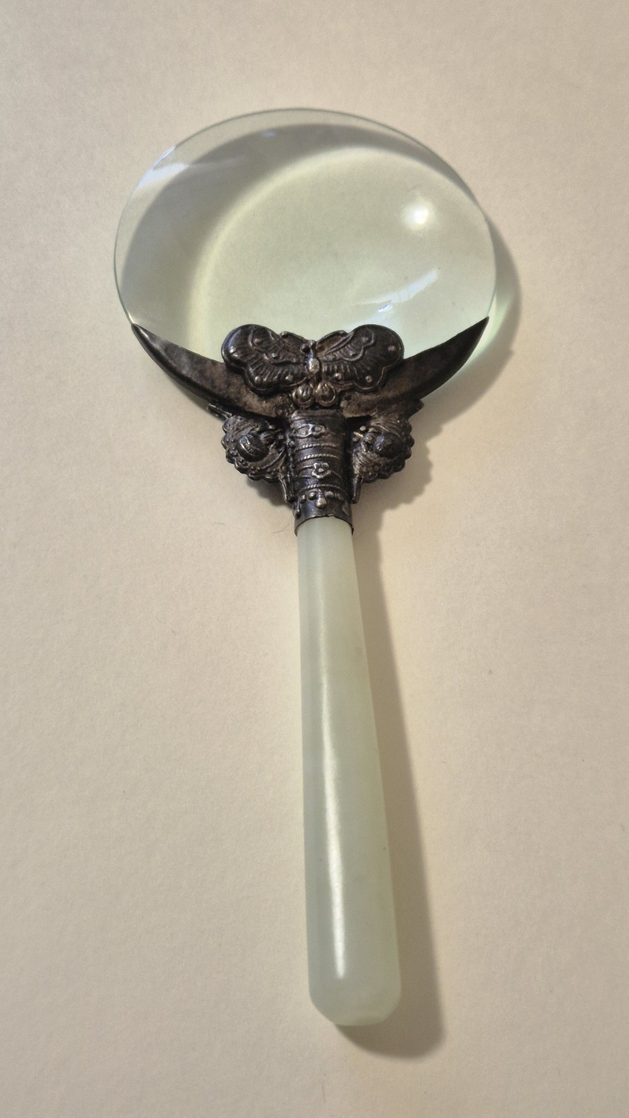 Antique 1900s Jade Stone Handle & Silver Filigree Magnifying Glass Jadeite
