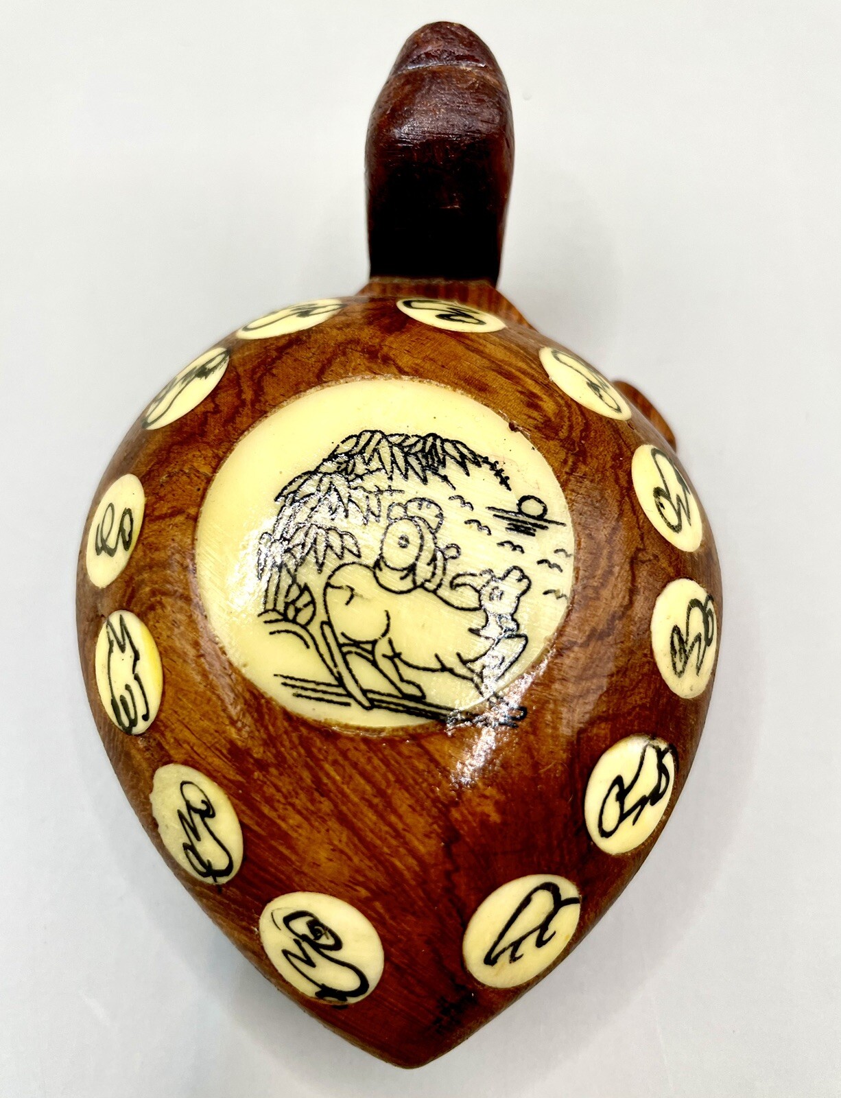 Carved Wood Turtle Inlaid Detail ~ Opens To Compass w/ Zodiac Signs Vintage