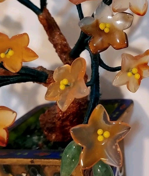 Vintage Carved Jade Tree Bonsai Flowers Cloisonne Planter Gemstones Carnelian