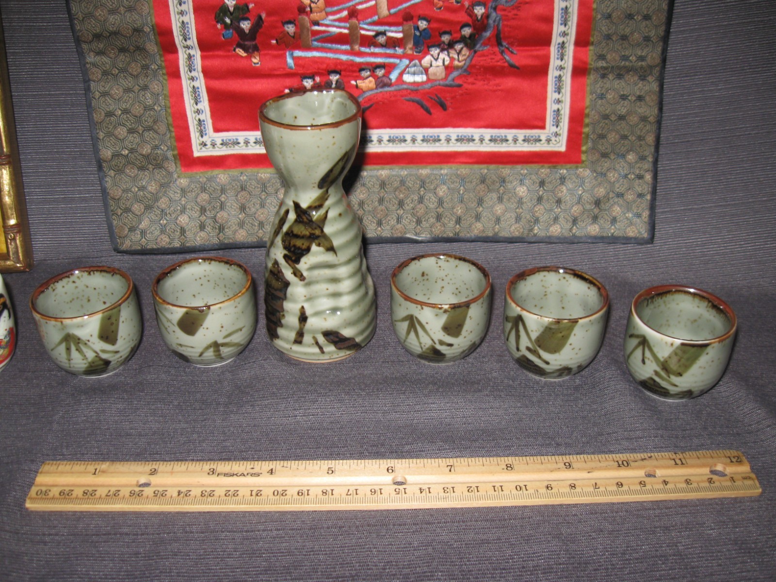 Asian Lot Silk Art Framed Signed Peony Embroidered 2 Sake Sets 100 Children silk