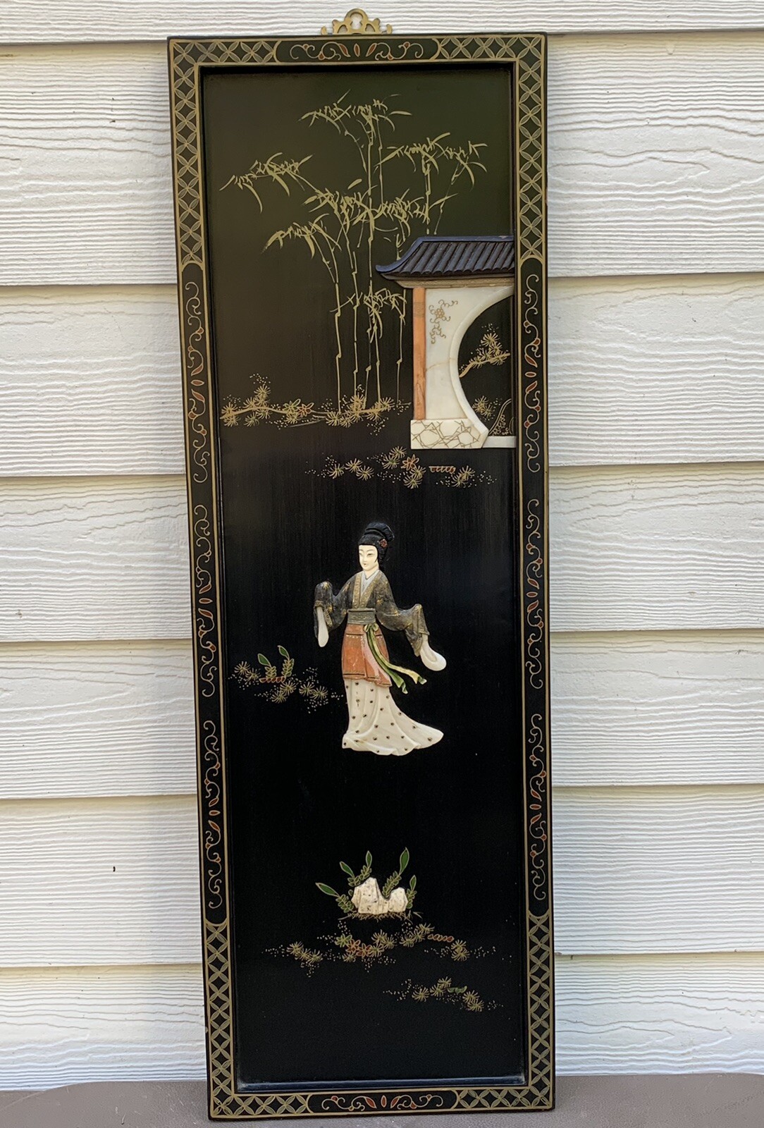 Vintage 1960’s Oriental Chinese Black Lacquer 3D Geisha Girls Wall Plaques