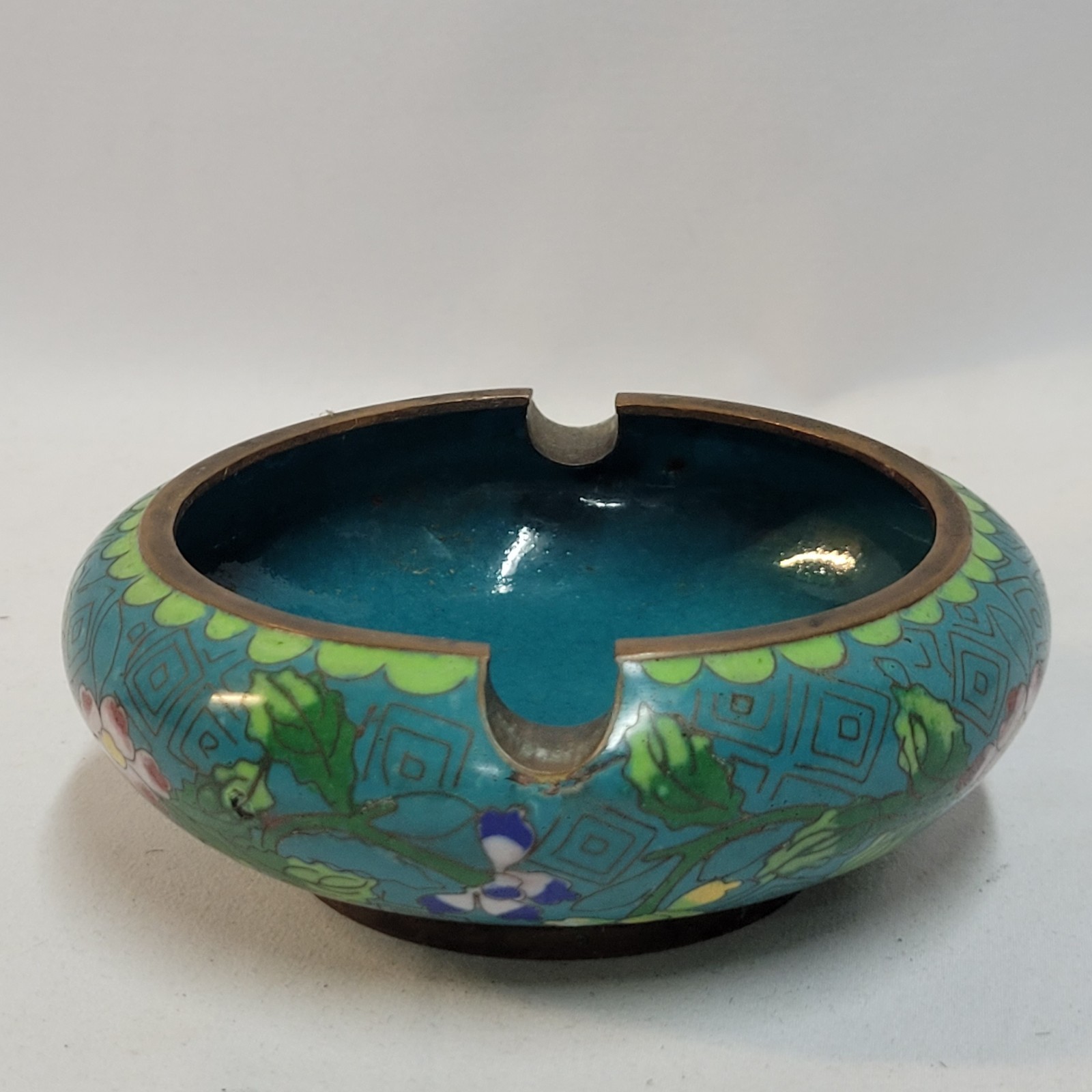 Lot of 2 Chinese Cloisonné Flip-Top Ashtray Colorful Floral Design
