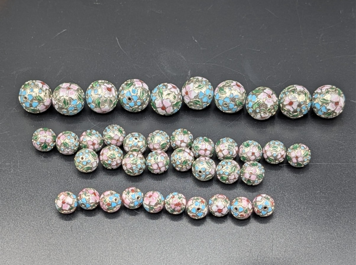 Assortment of Vintage Chinese Cloisonne Floral Design Silver Tone Beads – 40 pc