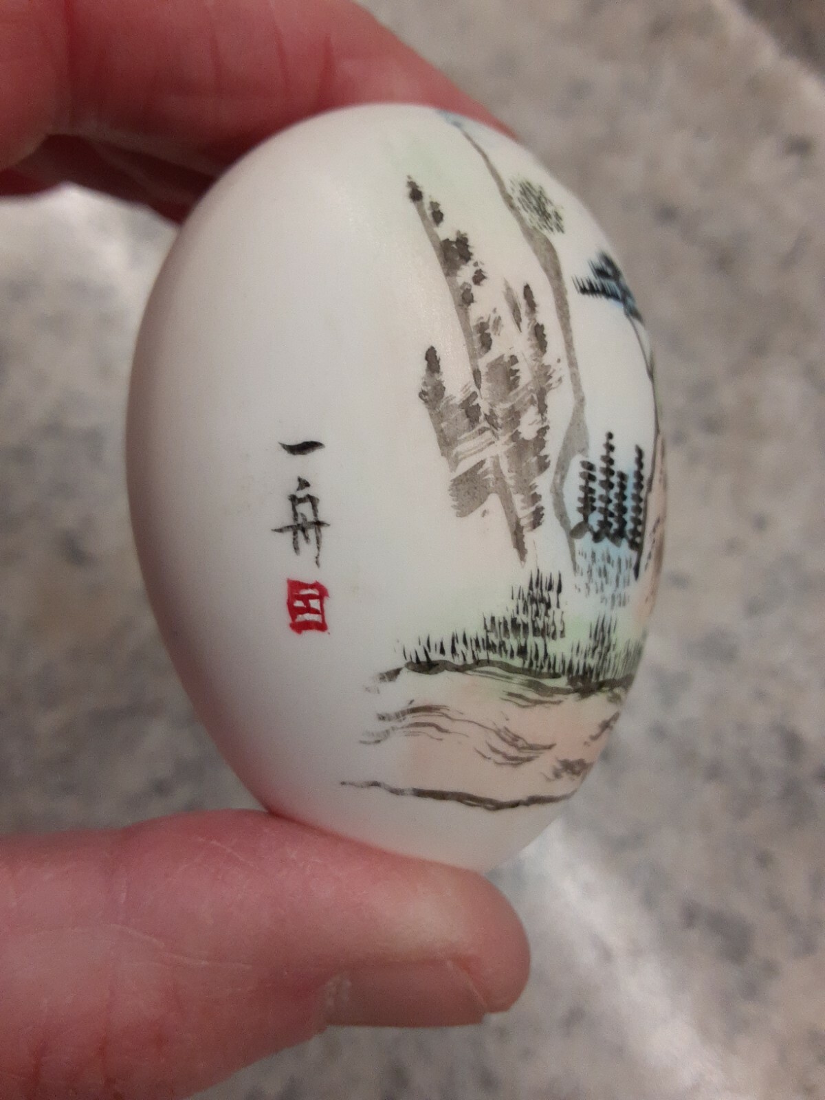 Oriental Art Painted Egg & Base Artist Signed China