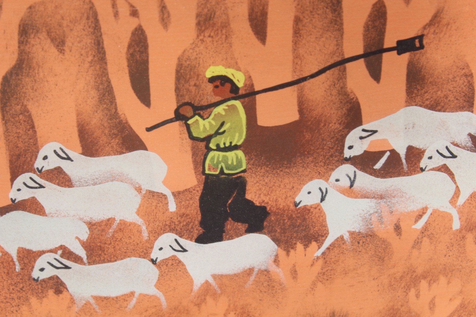 Vintage Chinese Asian Mid Century Modern Print Signed Sheep Herder Gold Frame