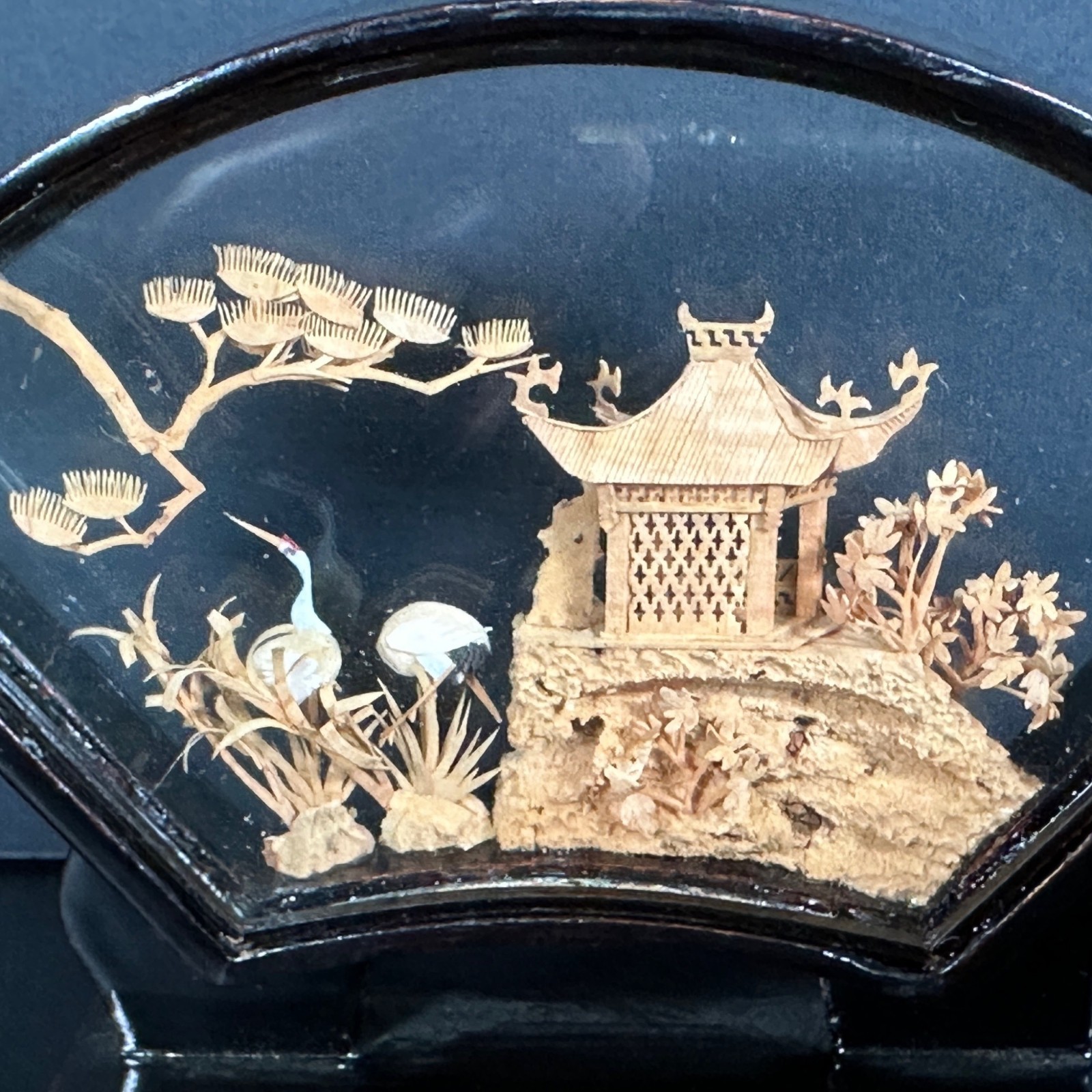 VTG Chinese Hand Carved 3D CORK ART DIORAMA San You Landscape Fan Shaped Frame