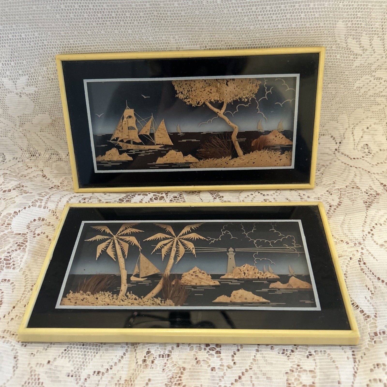 Vintage Framed Diorama Chinese Cork Art Pictures~Set Of 2