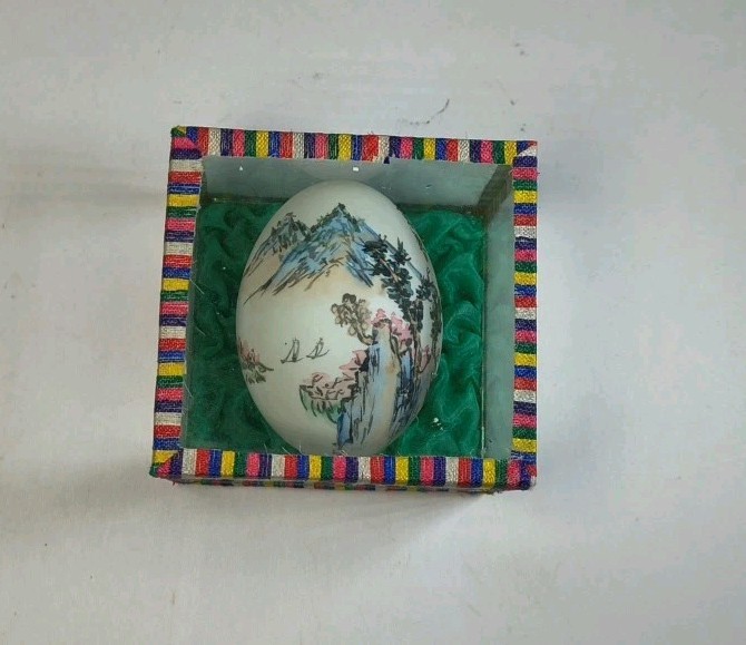 Vintage Hand Painted Egg Shell in Glass Display Box Asian Oriental Landscape