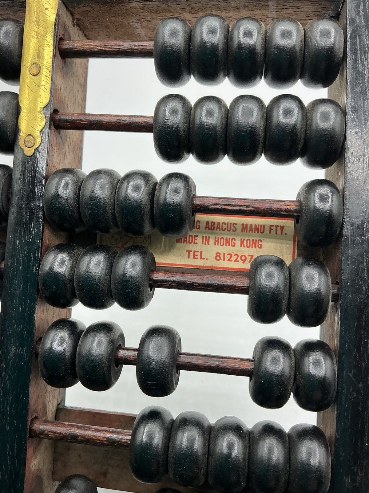Vintage Wood Wang Hing Abacus Black w/ Brass Accents Hong Kong 9 Rods 63 Beads