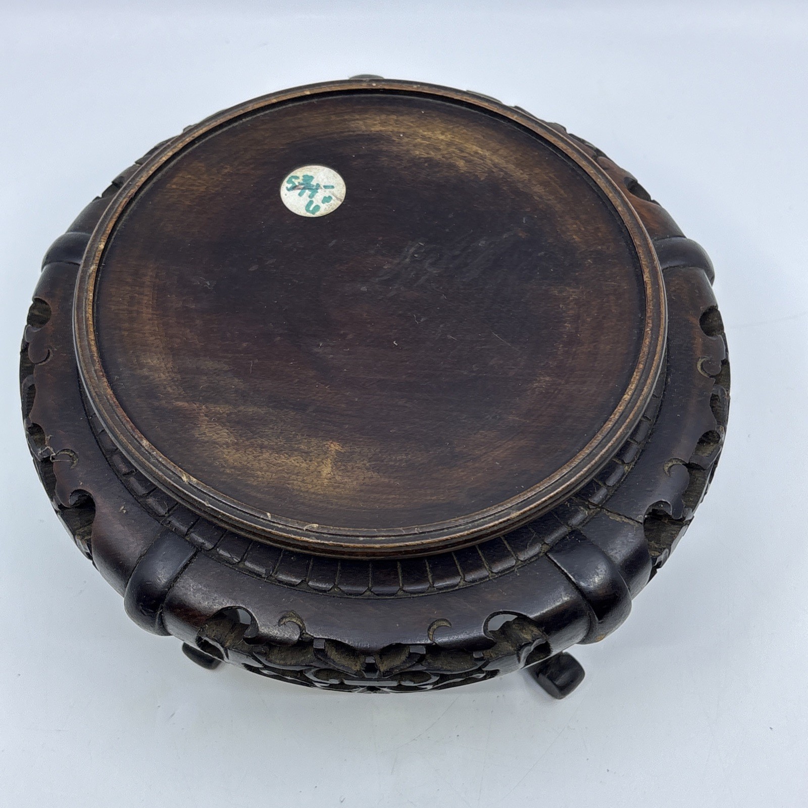 Vtg Chinese Wood Display Stand Vase Plant Asian Lamp Base Footed Round 6″ Inner