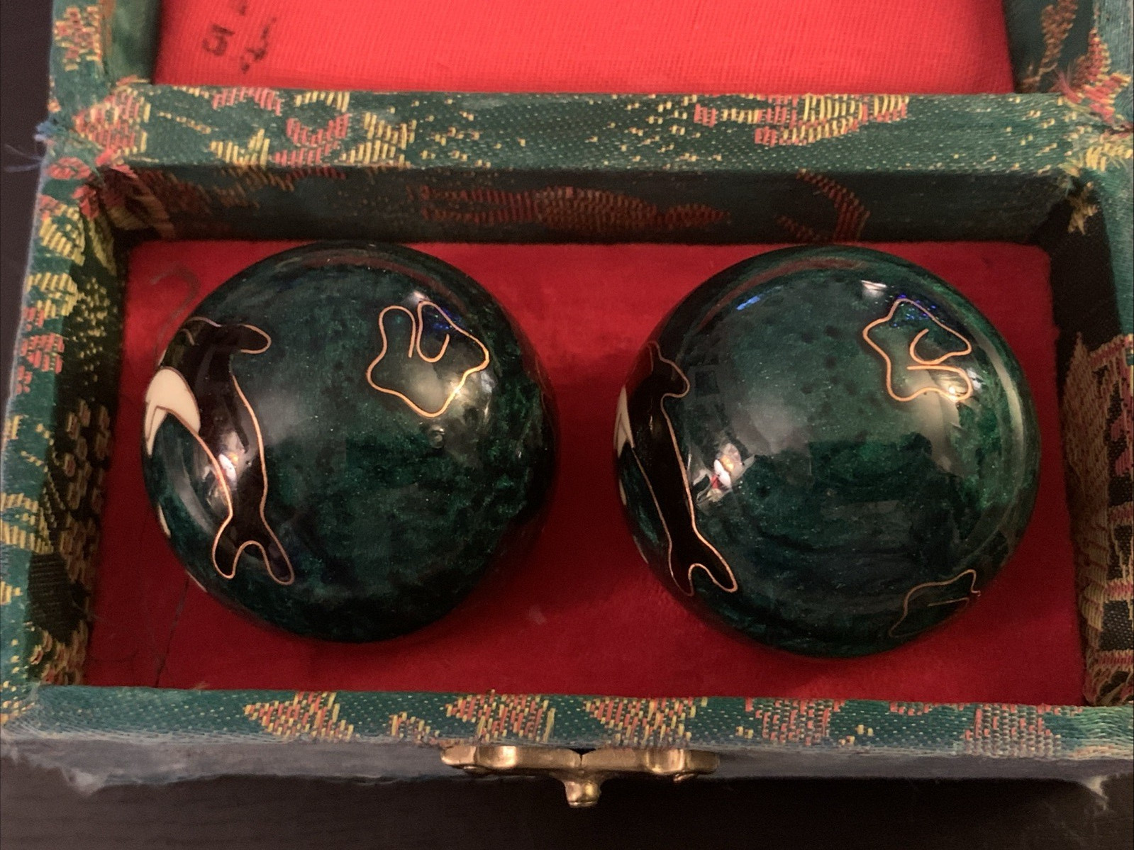 Vintage Chinese Cloisonné Baoding Balls with Chimes Green With Dolphins In Box