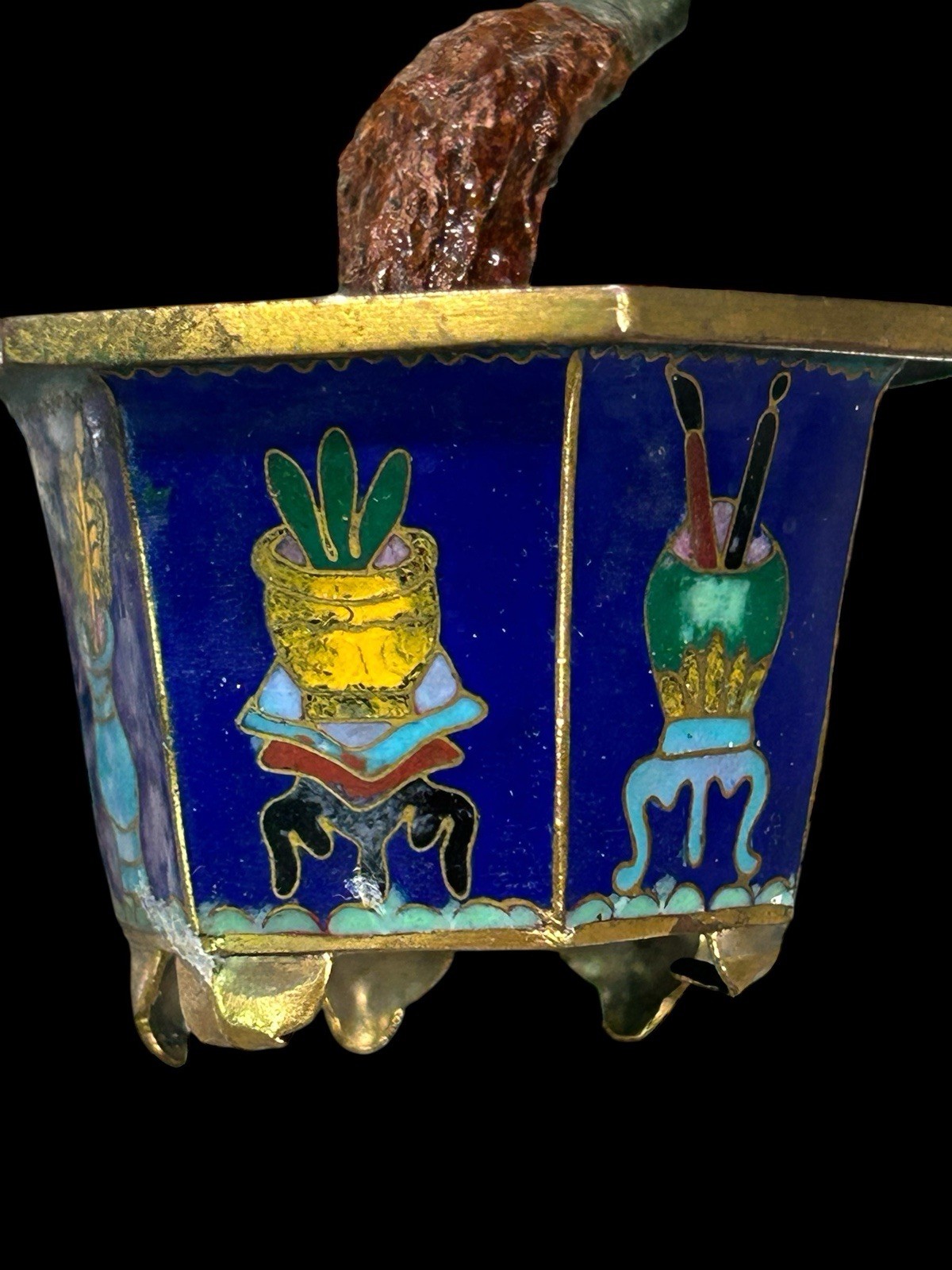 Chinese Gemstone Tree Quartz Bonsai Cloisonné Pot 7.5 Vintage Jedire Quartz Pot
